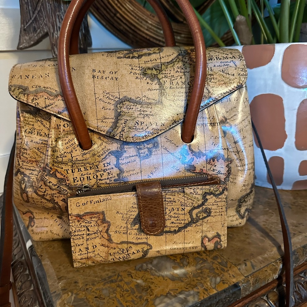 Patricia Nash leather Notely satchel in European map print! & matching wallet!